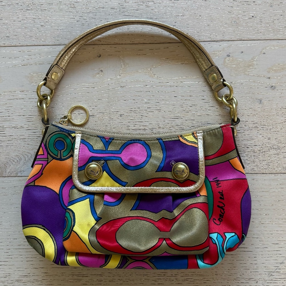 Coach Multicolor Graphic Satin Shoulder Bag with Gold Trim